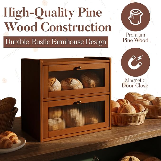 Jubily Bread Box with Clear Acrylic Windows – 2-Layer Pine Wooden Storage Box, Large Bread Box for Kitchen Countertop, Bread Storage Container for Homemade Bread, Rolls & Baked Goods - Image 7