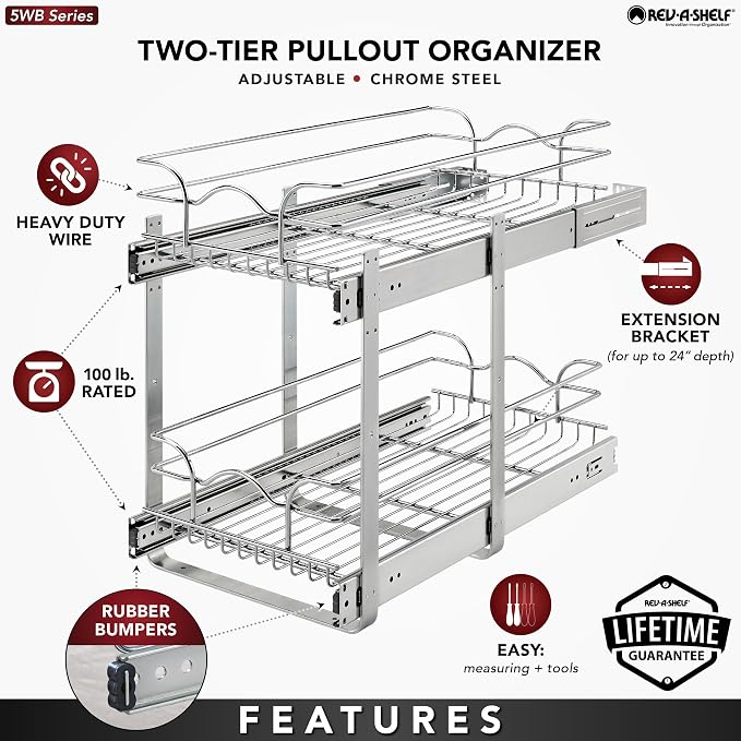 Rev-A-Shelf Pullout Organizer for Cabinets, Min Opening Width of 11.5" | Two-Tier Steel Shelf for Kitchen or Vanity Cabinet Organization, Heavy Gauge Wire Slide Out Storage Basket, 5WB2-1222CR-1 - Image 5