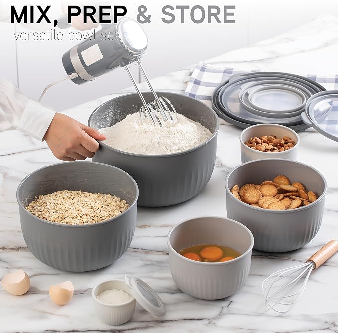 COOK WITH COLOR Prep Bowls with Lids- Wide and Deep Nesting Plastic Small Mixing Bowl Set with Lids, 12 Piece Set - Deep Bowls, Gray - Image 5