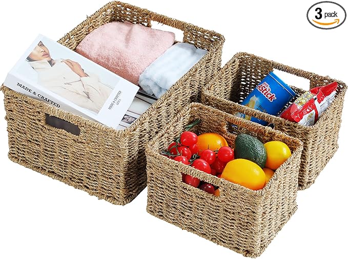 HOONEX Large Wicker Baskets for Storage, Seagrass Baskets with Dual Handles, Woven Baskets for Storage, Set of 3, Natural by HOONEX