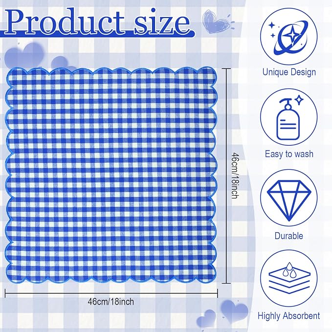 SmoothNovelty 12 Pack Buffalo Plaid Cloth Napkins 18x18 Inch Checkered Cloth Napkins Scalloped Soft Cotton Table Mat Washable Reusable for Dinner Wedding Holiday Birthday Parties (Classic,Navy Blue) - Image 2