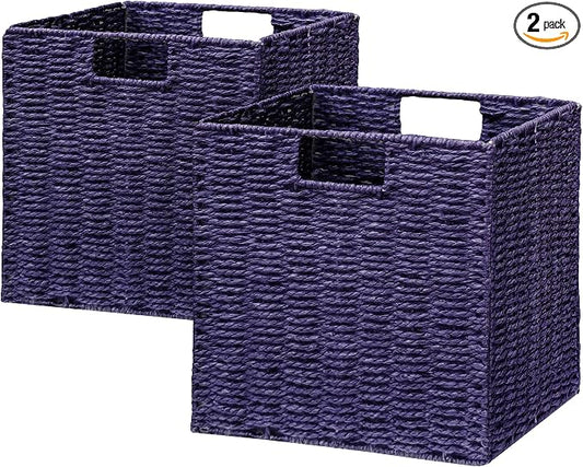 Wicker Storage Basket, Set of 2 Hand-Woven Paper Rope Wicker Basket, Foldable Cube Storage Bins, 9 inch Square Storage Baskets for Organizing Shelves & Decor, Purple (9″×9″×9″) by Vagusicc