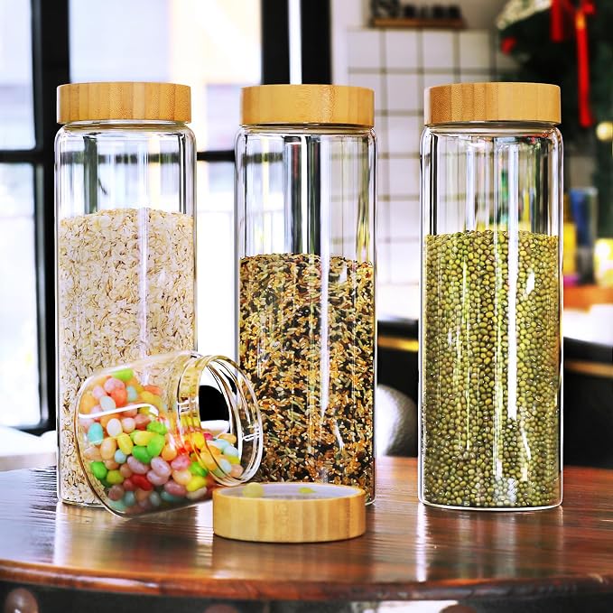 Glass Canisters With Airtight Bamboo Lids - 3 Pack 80oz Cereal Containers, Cookie Jars, Pasta Storage - Screw On Kitchen Jars - Image 6