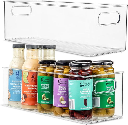 Plastic Food Storage 2 Pack Clear Container Bin with Handles for Organizing Kitchen, Pantry, Fridge, Freezer, Pantry, Bathroom. 14"x6"5" by primebox