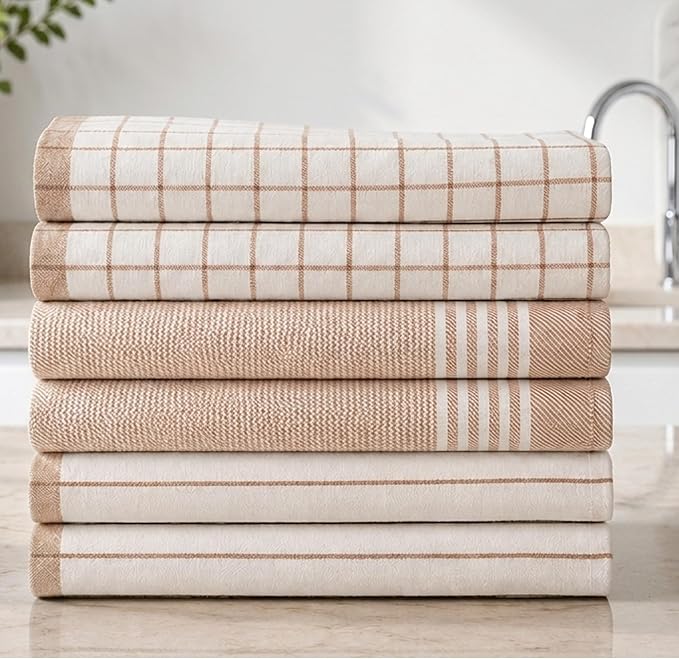 Cloud Scape Linen Premium Cotton Kitchen Towels Set - 6 Pack : Quick-Drying, Highly Absorbent, Durable, 18”x28”, Stripe Hand Towels with Hanging Loop, Dish Towel for Cleaning & Drying Dishes- Beige by CloudScapeLinen