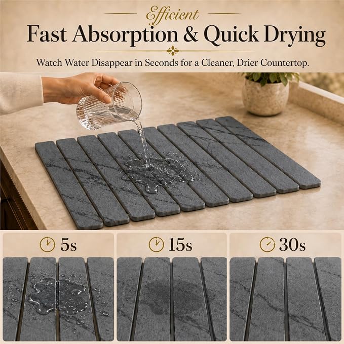 2 PCS Large Stone Dish Drying Mat for Kitchen Counter, 24" x 16" Diatomaceous Earth Dish Mat with 8" x 4" Coaster, Quick Dry Foldable Absorbent Mat for Dishes, Cups, Bottles (Dark Gray) - Image 4