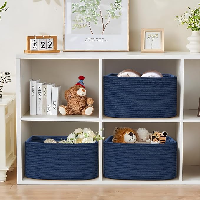 2 Pack Large Storage Basket for Organizing, 17.5"x13"x7" Woven Basket for Shelves, Closet Cube Storage Bins with Wrapped Handle, Cotton Rope Baskets for Kitchen, Clothes, Toys(Navy Blue) - Image 6