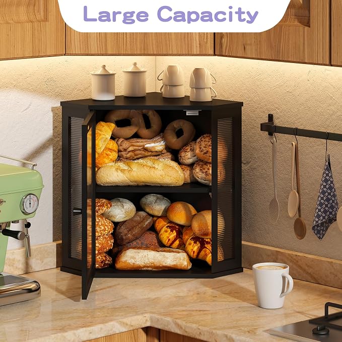 Corner Bread box for Kitchen Countertop,Farmhouse Bread Box with Acrylic Wavy Door Panel,Large Bread box for kitchen countertop, Food Storage Container (Black, Extra Large) - Image 5