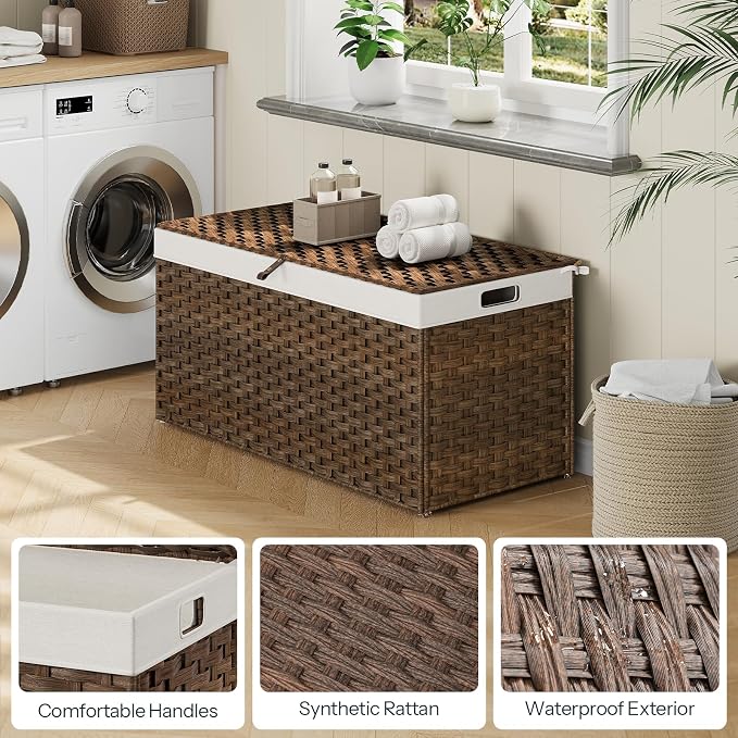HOOBRO Storage Basket with Lid, 52.8 Gallon (200L) Wicker Basket, Handwoven Blanket Storage Basket with Handles, Metal Frame and Soft Lining, Foldable for Bedroom, Laundry Room, Brown BR220CW01 - Image 8