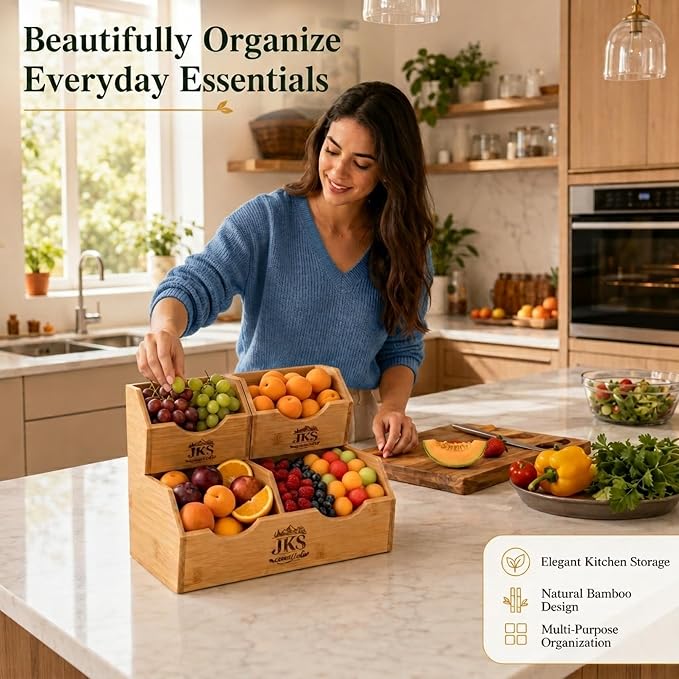 Bamboo Pantry Storage Bins|Stackable Potato and Onion Storage Bin|3Tier Bamboo Pantry Organizer with Slide Out Access|Fruit & Vegetable Storage Basket for Kitchen Countertop|Pantry & Cabinet Organizer - Image 3