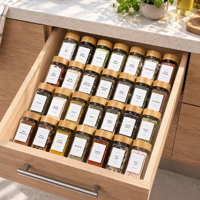 Acrylic Spice Drawer Organizer with 28 Spice Jars and 216 Labels,Non-slip Rubber, 4 Tier Spice Racks Tray Seasoning Containers for Kitchen Drawers,Cabinets,Countertops,13" Wide * 18" Deep - Image 6