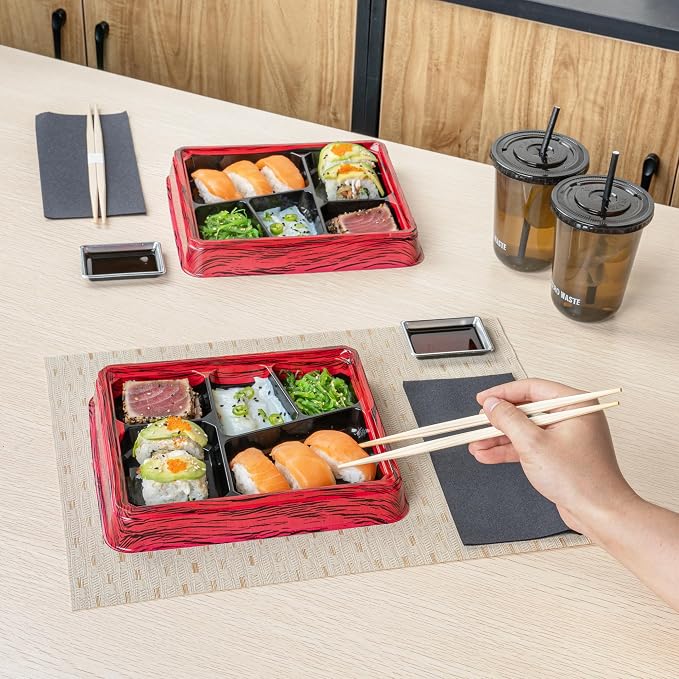 Restaurantware-Bento Tek 18.3 Ounce Meal Prep Containers, 50 Disposable To Go Food Boxes - Lids Sold Separately, 5 Compartments, Red And Black Plastic Bento Lunch Boxes, Freezable, For Take Out - Image 5