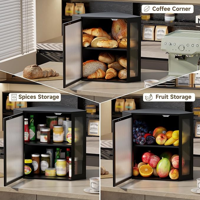 Corner Bread Box for Kitchen Countertop,Bread Storage (Black, Extra Large) | Double Layer Large Capacity Bamboo Bread Container Bin with Acrylic Door,Height Adjustable - Image 8