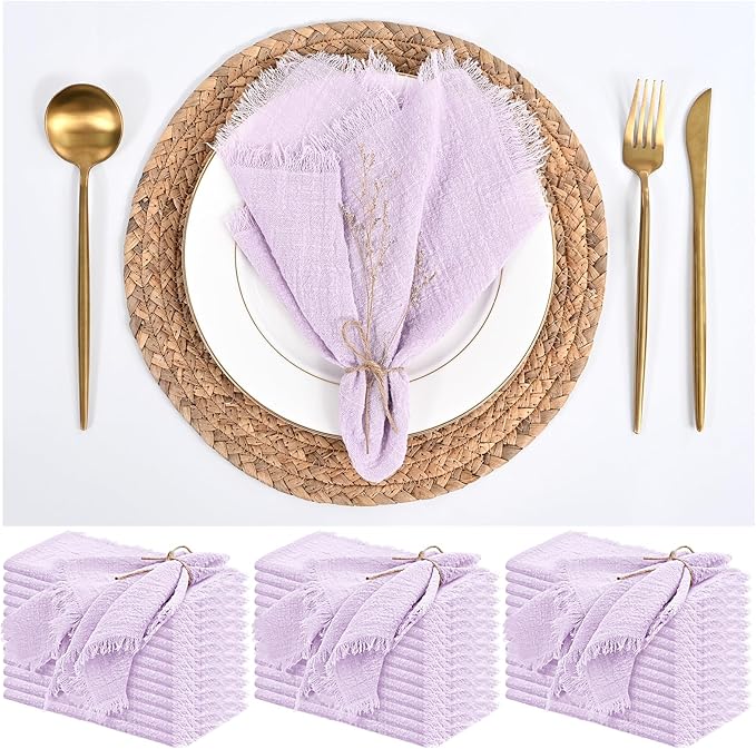 36 Pack Lavender Napkins Cotton Linen Napkin 16 x 16 Inch Light Purple Cloth Napkins Handmade with Fringe Soft Washable Rustic Dinner Napkin Cloth for Wedding Party Dinner Table by ABKLESACH