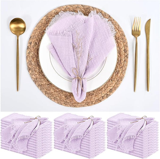 36 Pack Lavender Napkins Cotton Linen Napkin 16 x 16 Inch Light Purple Cloth Napkins Handmade with Fringe Soft Washable Rustic Dinner Napkin Cloth for Wedding Party Dinner Table by ABKLESACH