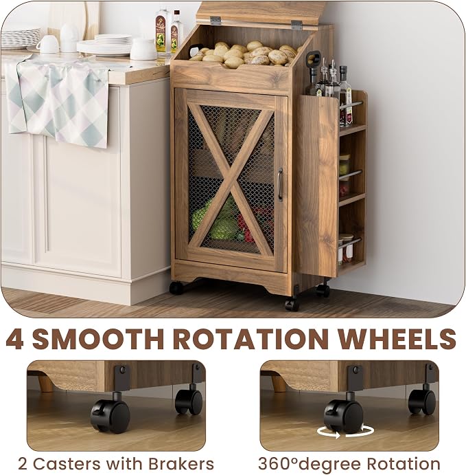 AwayHome Potato Storage Bin, Large Wood Bread Box with Lid, Movable Potato and Onion Storage Bin with Side Spice Rack, Decorative Fruit and Vegetable Organizer Cabinet for Kitchen - Image 6