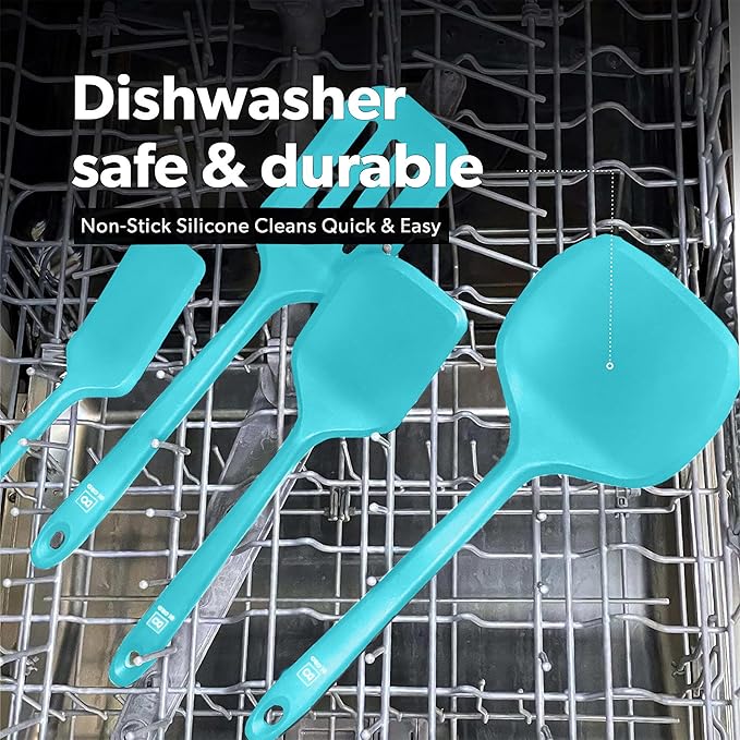 New DI ORO Silicone Turner Spatula Set - Kitchen Spatulas for Nonstick Cookware - Cooking Utensils for Flipping Eggs & Pancakes - 600°F Heat-Resistant BPA Free Turners - Dishwasher Safe (4pc, Teal) - Image 6