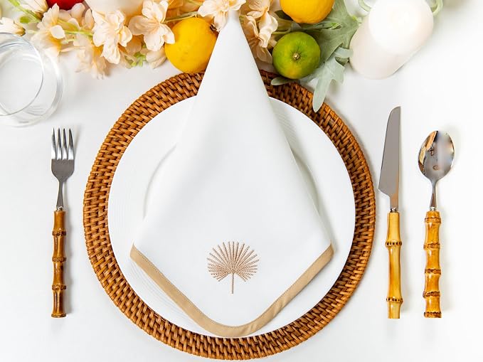 Hofdeco Premium Coastal Cotton Cloth Napkins Set of 4, 20"x20" Washable Dinner Napkins for Events, Weddings, Home Use, Neutral Tan Embroidered Palm Leaf - Image 3