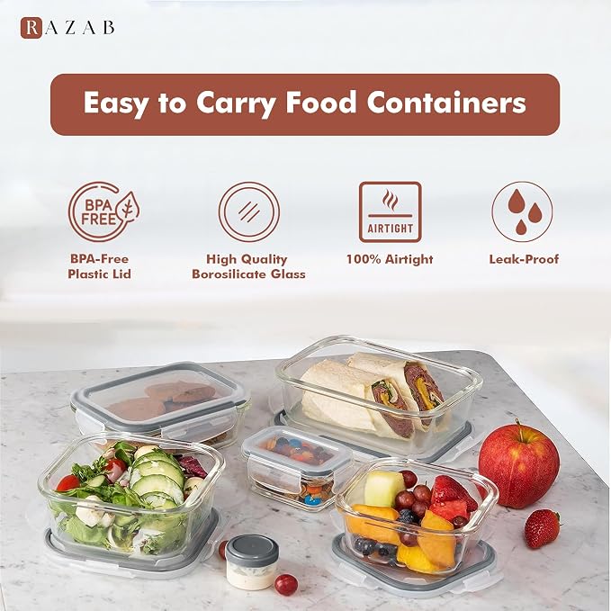 Razab 35 Pc Set Glass Food Storage Containers with Lids - Meal Prep Airtight Bento Boxes BPA-Free 100% Leak Proof (15 lids,15 glass & 5 Plastic Sauce/Dip Containers) - Image 6