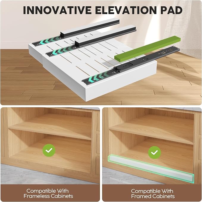 Seinloes 2 Pack Pull Out Cabinet Organizers 21"Deep with Raising Pad for Framed Cabinets,Expandable Slide Out Drawers Upgrade 3 Slide Rails,Roll Out Shelves Adhesive,Adjustable Width 12"-20.45" White - Image 3