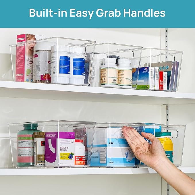 Vtopmart 6 Pack Clear Storage Bins, Pantry Cabinet Organizer Bins, Medium | Plastic Pantry Storage Bins with Handle, Storage Containers for Fridge, Cabinet, Kitchen, Countertops, Cupboard, Freezer - Image 6