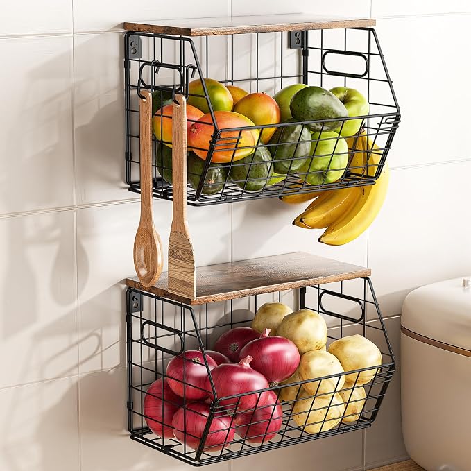 Delamu Stackable Metal Fruit Basket with Wood Lid 2 Pack, Hanging Wall Organizer for Kitchen Counter, Pantry Storage for Onions, Potatoes, Garlic, Fruits, Spices, Black - Image 2