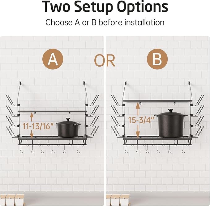 KES 30-Inch Pot Rack Wall Mounted, 8 Secure Lid Holders & 12 Sturdy Hooks | 2-Tier Kitchen Hanging Pot and Pan Organizer, Ample Storage for Tall Cookware, KUR215S75C-BK - Image 5