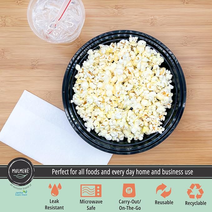 MULMEHË Plastic Food Storage Take-Out Container and Lid Combo, 48 oz, Microwaveable, Round, Black, 9x2.3”, Set of 150 - Image 3