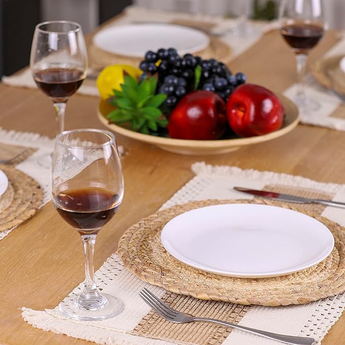 Handmade Boho Placemats Set of 4 - Natural Cotton Burlap and Water Straw Woven Combination Table Mats, Macrame Décor and Farmhouse Style Placemats, for Dining Table Kitchen - Image 2