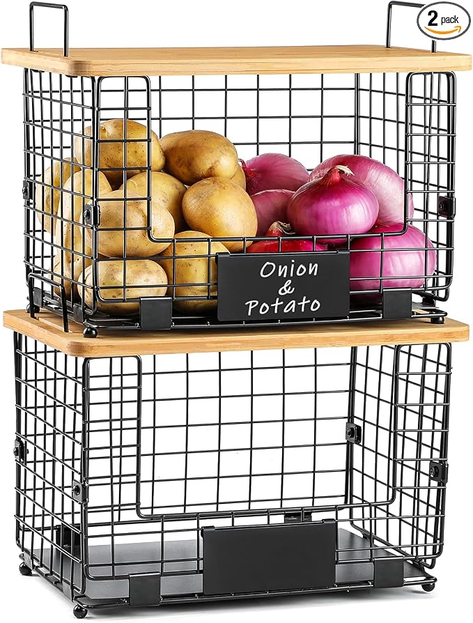 2 Set XL Stackable Wire Basket with Bamboo Tops & Tags- Pantry Organizer and Storage Bins, Kitchen Counter Cabinet Shelf Countertop Under Sink Organizing, Food Snack Produce Onion Potato Bread Storage by AOZITA