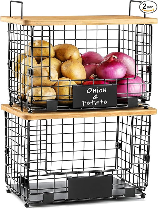 2 Set XL Stackable Wire Basket with Bamboo Tops & Tags- Pantry Organizer and Storage Bins, Kitchen Counter Cabinet Shelf Countertop Under Sink Organizing, Food Snack Produce Onion Potato Bread Storage by AOZITA