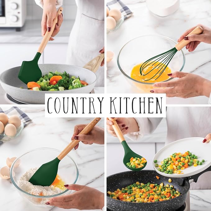 Country Kitchen Non Stick Silicone Utensil Set with Rounded Wood Handles for Cooking and Baking, 14 Piece Set, Green - Image 5
