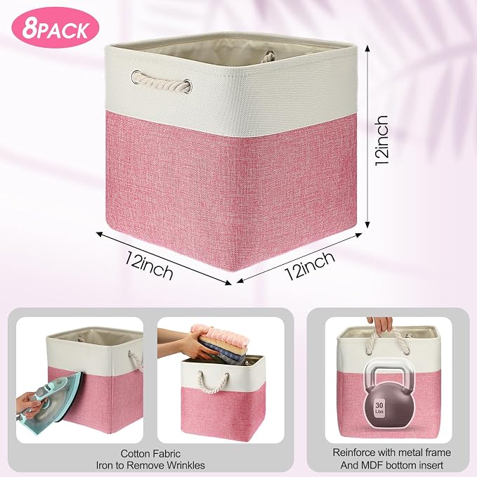 meekoo 8 Pack Collapsible Storage Bins Fabric Storage Bins Polyester Fabric Baskets with Handles Linen Closet Organizer for Shelf Home Closet Towels Toys(12 x 12 x 12 in,Pink White) - Image 3