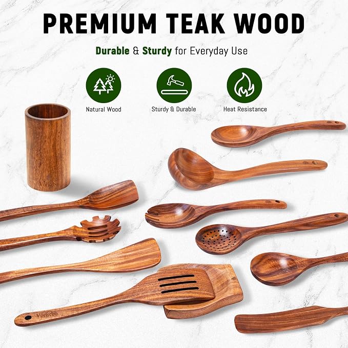 12 Pcs Teak Wooden Utensils Set, Wooden Spoons for Cooking | Non-Toxic & Nonstick Safe Kitchen Utensil, Durable Comfort Grip， Heat Resistant Wood Cookware with Holder and Spoon Rest - Image 5