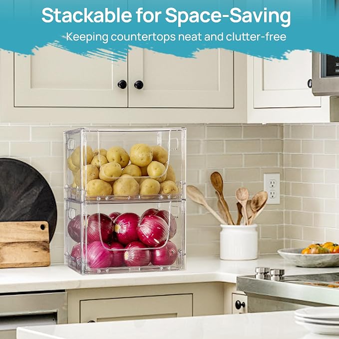 Vtopmart 2 Pack Large Foldable Open Front Storage Bins with Lids for Potato and Onion, Stackable Clear Plastic Container Organizer for Pantry, Kitchen, Cabinet, Bathroom, Closet Organization - Image 3