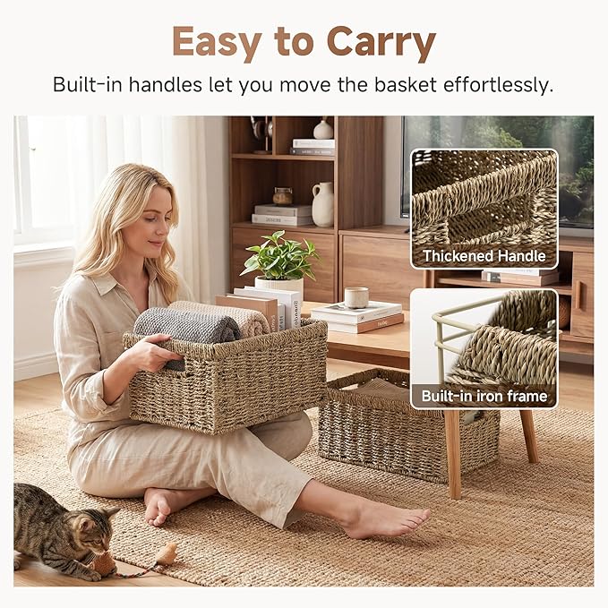 StorageWorks Wicker Storage Baskets,Natural Seagrass Storage Baskets,2-Pack | Seagrass Baskets for Storage, Seagrass Woven Storage Baskets with Built-i Handles, Decorative Woven Baskets for Storage - Image 4