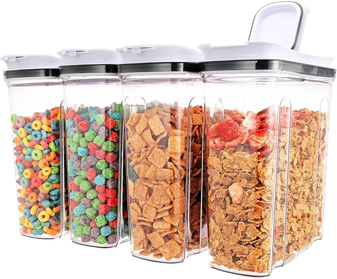 Cereal Containers Storage Set, Airtight Food Storage Container with Lid 4L/135.2oz,4PCS BPA-FREE Plastic Pantry Organization Canisters for Rice Cereal Flour Sugar Dry Food in Kitchen by FreshKeeper