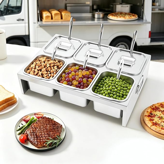 Pizza Topping Station Condiment Container Food Prep Ingredients Holder | Stainless Steel Container Set Spice Rack with 6 Pans& Lids&6* Spoons, Kitchen Restaurants Buffet Pizza Oven Accessories - Image 2