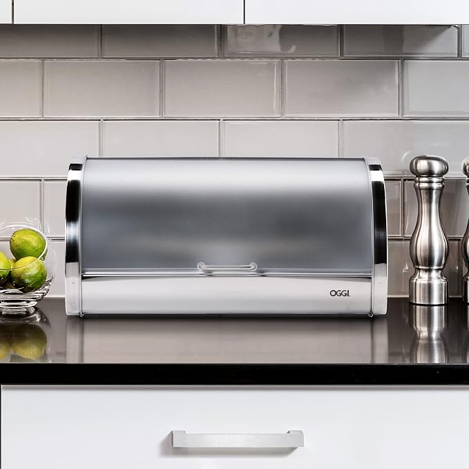 Oggi Stainless Steel Roll Top Bread Box for Kitchen Countertop with Frosted Plexilass Lid - Fits Multiple Loaves of Bread and Other Freshly Baked Goods Including Cookies, Bagels, Muffins - Image 3