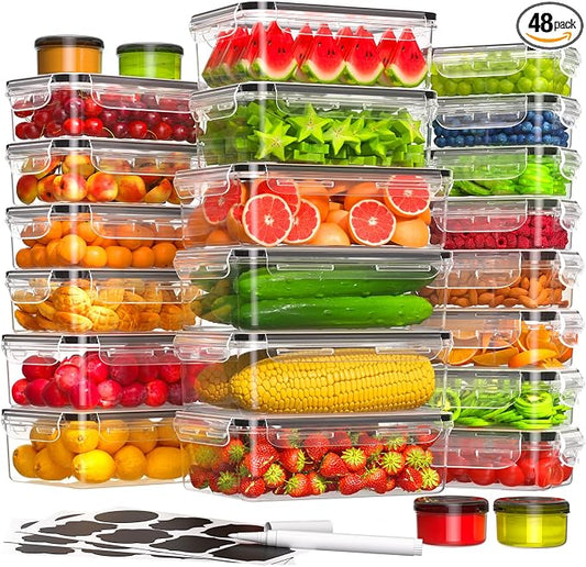 48 PCS Food Storage Containers with Lids Airtight (24 Containers & 24 Lids), Leak proof Meal Prep Container Set for Kitchen Storage, BPA-free, PVC-free Plastic, Microwave/Dishwasher Safe, Labels & Pen by KEMETHYFocusesonCreatingEfficientStorageProductswithQualityMaterials