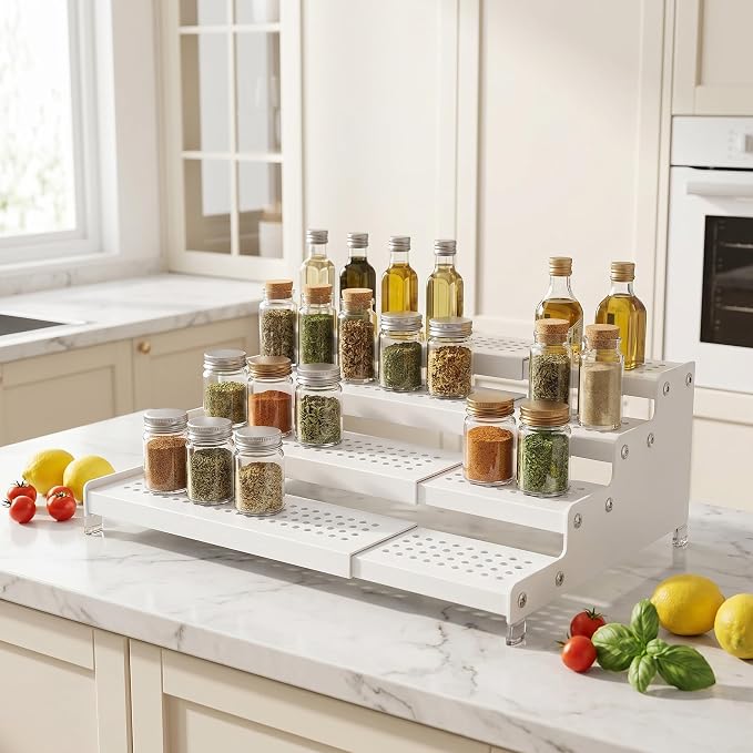 Expandable 4-Tier Spice Metal Shelf Rack, White | Kitchen Cabinet and Pantry Organizer, Countertop Storage, Seasoning Organizer, 1 Pack - Image 2