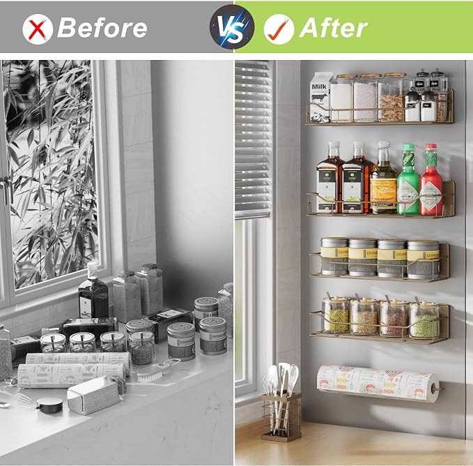 Magnetic Spice Rack for Refrigerator, 6 Pack Strong Magnet Spice Organizer with Paper Towel Holder, Utensil Holder, Moveable Magnetic Fridge Shelf for Kitchen Organization and Storage (Brown) - Image 7