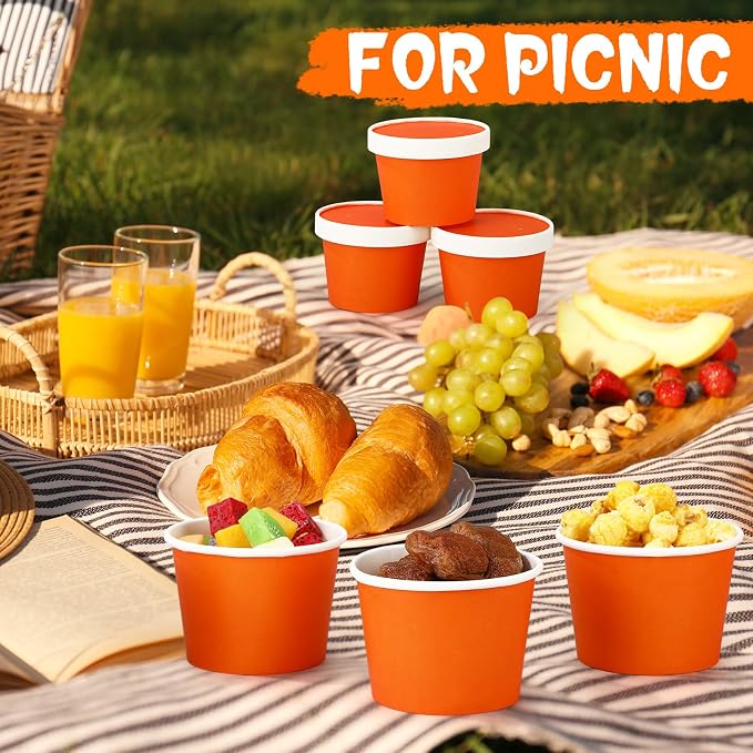 Fulmoon 100 Pack Paper Soup Containers with Lids Disposable Paper Food Containers with Vented Lid Kraft Ice Cream Cake Dessert Cups Soup Bowl for Party Hot Food Fruit Microwave(8 oz,Orange) - Image 6