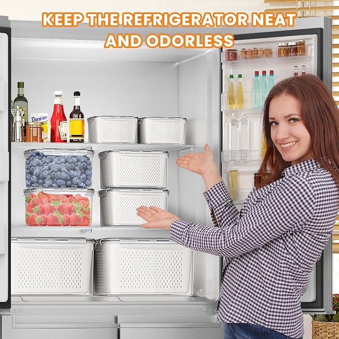 Fruit Storage Containers for Fridge - 5 PCS Poduce Containers for Fridge - with Removable Drain Basket - Keep Fruit Lettuce Berry Vegetables Meat Food Stay Fresher Longer - Image 3