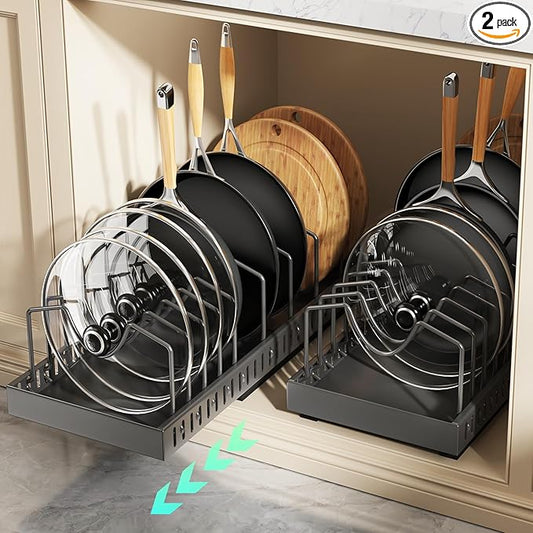 Pull Out Pots and Pans Organizer Under Cabinet, Expandable Sliding Lid Holder and Pan Rack for Kitchen, Slide Out Inside Cabinet for Pot Lid, Bakeware, Dishes, 10 Adjustable Dividers, 2 Pack Black by Lozovincablemanagementtray