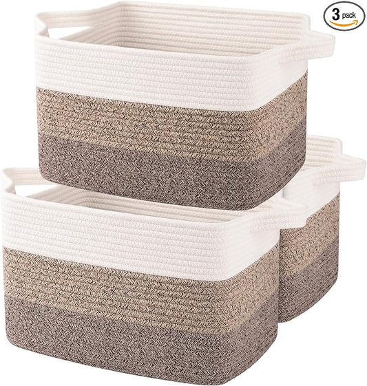 OIAHOMY Storage Basket, Woven Baskets for Storage, Cotton Rope Basket for toys,Towel Baskets for Bathroom - Pack of 3, Gradient Dark Brown by MasterofSpaceOptimization
