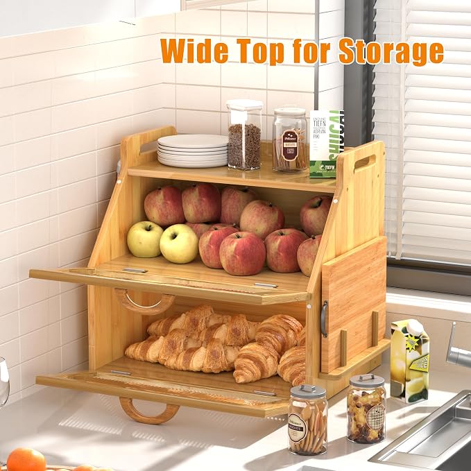 Bread Box for Kitchen Countertop, Large Bread Storage Container for Homemade Bread, Wooden Farmhouse Breadbox Organizers, Double Layer Bread Bin with Acrylic Window Bread Holder, Brown - Image 7