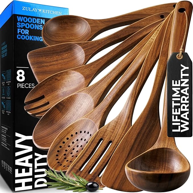 Zulay Kitchen Premium 8-Piece Wooden Spoons - Smooth Finish, Natural Teak Wood, Non-Stick, Handmade by ZulayKitchen