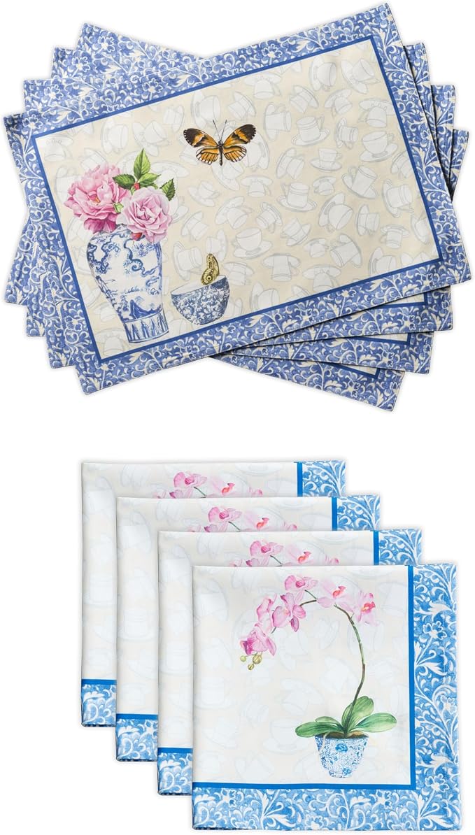 Maison d' Hermine Canton Bundle Set 100% Cotton Set of 4 Napkins (20 Inch by 20 Inch) and Set of 4 Place Mats (13 Inch by 19 Inch) by MaisondHermine