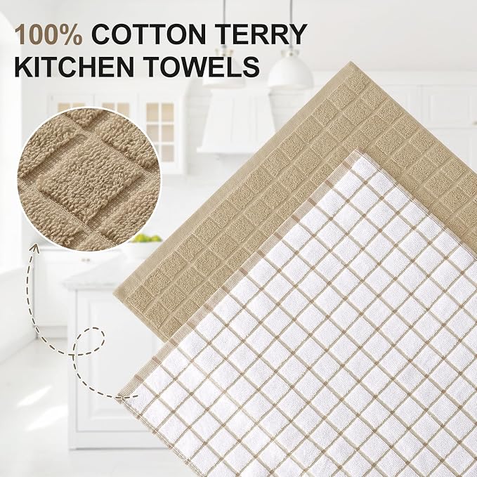 Homaxy Large Premium Cotton Kitchen Towels 16"x 28", 6 Pack, Tan | Natural Ring Spun 390 GSM Dish Towels, Super Absorbent Terry Kitchen Hand Towels, Soft Tea Towels with Hanging Loop - Image 2